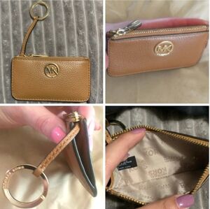 Michael Kors Jet Set Monogram Leather Zippered Card Holder Coin Purse W Keychain